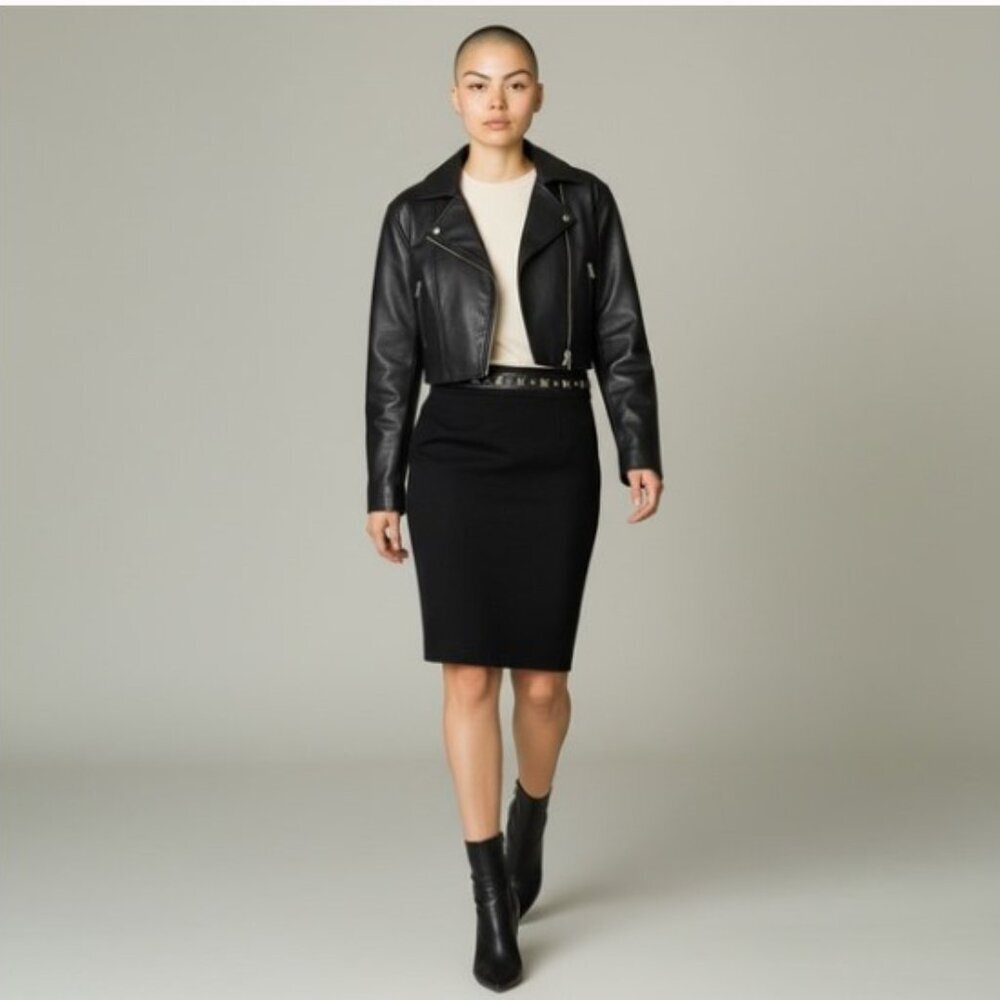Tori Burch - Black Wool Pencil Skirt - Studded Leather Waistband - XS - Picture 1 of 10